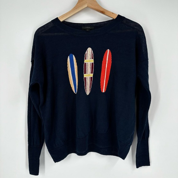J. Crew Tops - J Crew Womens Linen Sweater Sz M Beach Surfboard Casual Navy Blue Long Slv